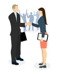 Business agreement handshake. Man and woman shaking hands in agreement. Hiring new employment.