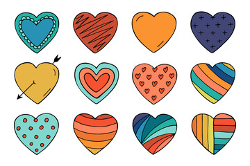 Colorful hearts collection in doodle style.