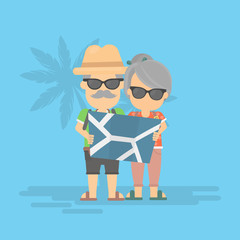 Isolated retired couple on vacation. Happy funny grandparents in sunglasses with map finding way.