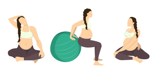 Workout for pregnant set. Yoga training. Healthcare for young mothers. Stretching for health. Exercise with fit ball. Neck stretching.