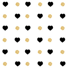 Background with black heart and gold glittering circles .