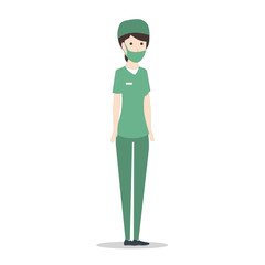 Isolated female surgeon on white background. Woman in uniform with mask and hat.