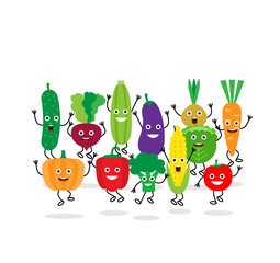 cartoon cute vegetable characters jumping on white background