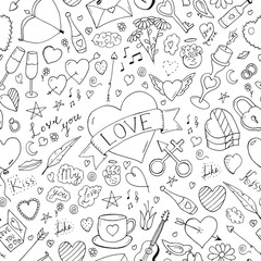 Seamless happy valentine day pattern. Hand drawn elements