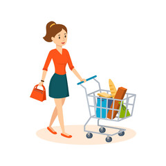 Young woman shopping in a grocery store, in basket products.