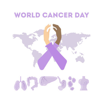 World cancer day. Hands holding and making World cancer day symbol on the world map background. Concept of global issues. Caucasian and african american hands.