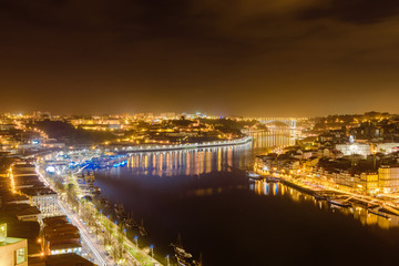 Aerial night view of Porto and Douro river, Portugal
