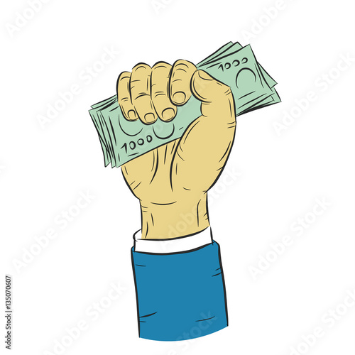"Hand holding money vector on white background.Hand with money sketch