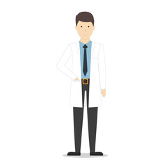 Isolated male doctor on white background. Cartoon character in white uniform. Smiling handsome man.
