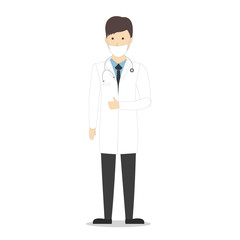 Isolated male doctor on white background. Cartoon character in white uniform. Smiling handsome man in medical face mask.