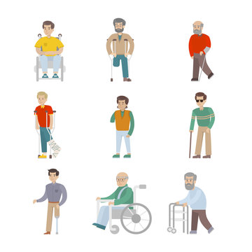 Isolated disabled set on white background. Men with disability. People with wheelchair, crutches and sticks.
