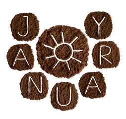 January and sun, decorated with ground coffee on white background