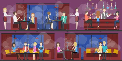 Hookah bar interior set. Bar and restaurant with food and hookah service. Interior in smoke.