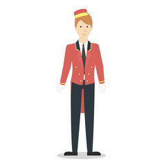 Isolated hotel porter on white background. Man in uniform.