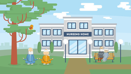Nursing home building exterior. health care for old and sick people. Center for retired people.