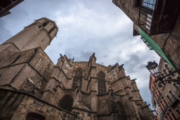 The Carrer del Bisbe street of Barcelona, Spain