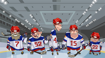 cartoon team with five funny hockey players on the ice