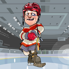 funny cartoon hockey player with bruise under an eye standing on the ice
