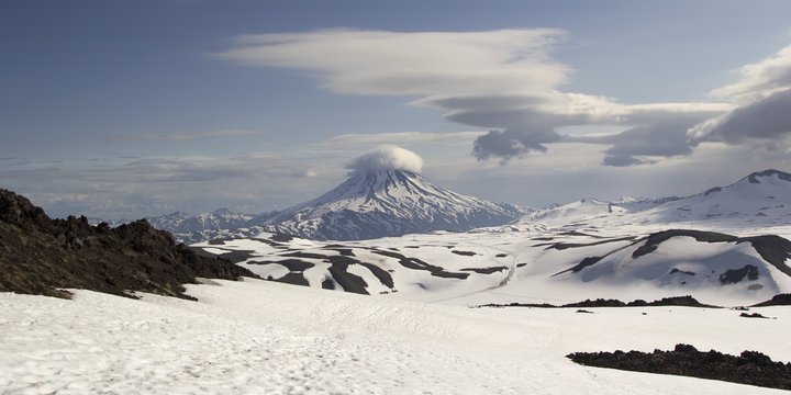 View from Gorely volcano on  Vilyuchinsky volcano. Kamchatka, Ru