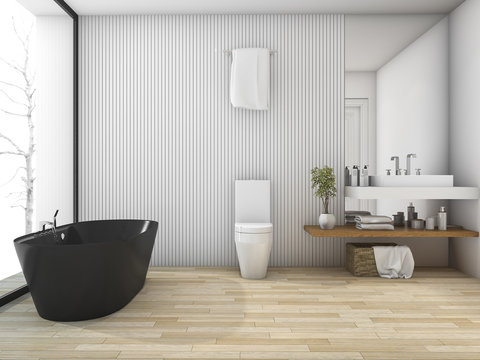 3d rendering white wood bathroom near window in winter
