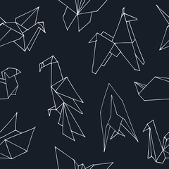 Origami hand drawn doodle seamless pattern. Vector illustration of figures from paper