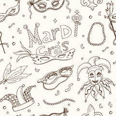 Mardi Gras traditional seamless pattern. Carnival masks, party decorations. © fafarumba