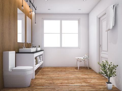 3d rendering contemporary wood toilet with light from window