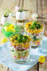 Salad with crab sticks, eggs, corn and fresh cucumber - the idea