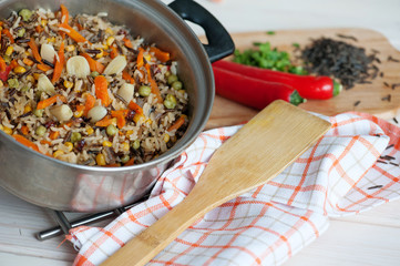 Rice with vegetables, vegetarian dish.