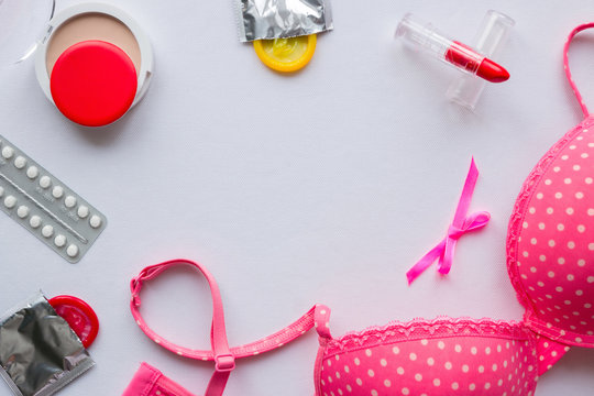 bra, cosmetics and contraceptives mockup