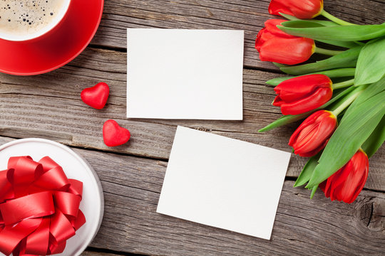 Red tulips, gift box and Valentine's day photos