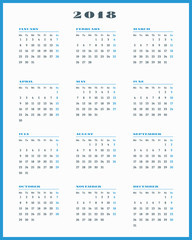 Calendar for 2018 year on white background. Vector design print template. Week starts Monday. Stationery design
