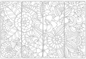 Floral doodles for coloring.Vector set of monochrome bookmarks .