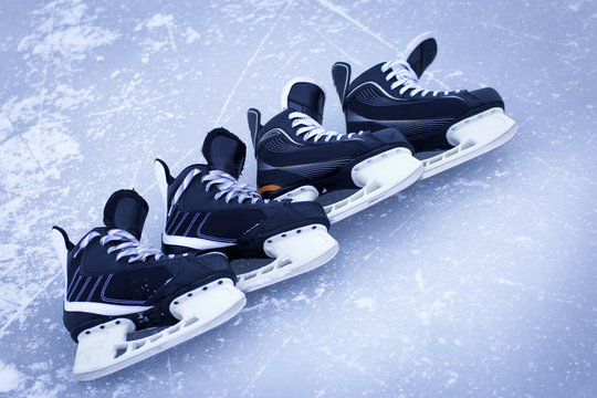 Skates for hockey on the outdoor ice winter.