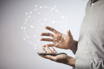 businessman touching virtual screen with cyber icon