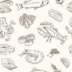 Vector seamless pattern with hand drawn seafood illustration - fresh fish, lobster, crab, oyster, mussel, squid and spice sketch.