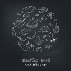 Vector hand drawn set of healthy food vegetables, fruits, meat.