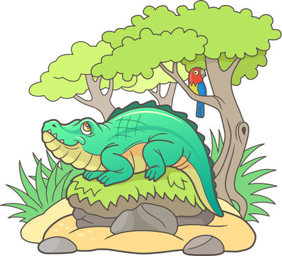funny cartoon crocodile basking in the sun
