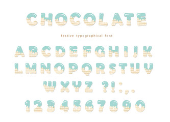 Festive chocolate font. Cute letters and numbers can be used for birthday card, Valentines day, baby shower, sweets shop, girls magazine. Isolated .