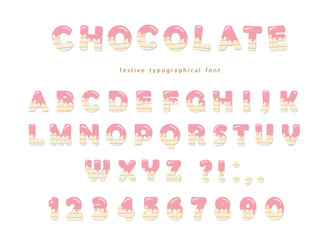Chocolate font. Cute letters and numbers can be used for birthday card, baby shower, Valentines day, sweets shop, girls magazine. Isolated.