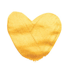 Vector shining gold heart for you amazing design project. Watercolor texture brush strokes isolated on white. Abstract hand painted golden background.