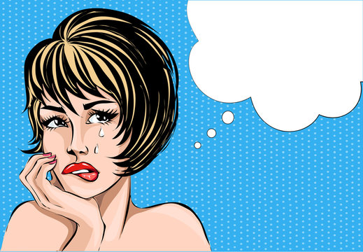 Pop art comics style crying woman portrait with speech bubble, vector