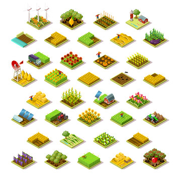 Isometric farm house building staff farming agriculture scene 3D icon set collection farmland vector illustration