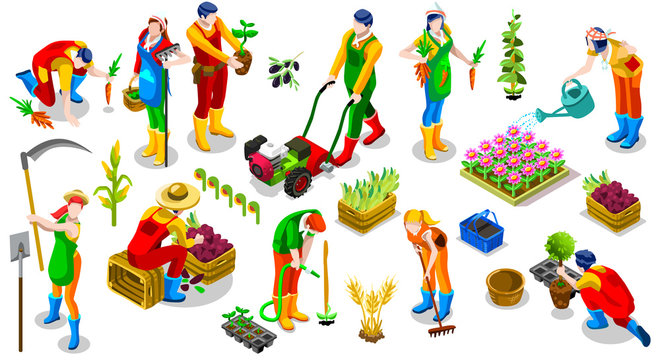 Isometric isolated farmer man farming people 3D icon set collection vector illustration. Farm field farmland life scene seed plant gardening tool