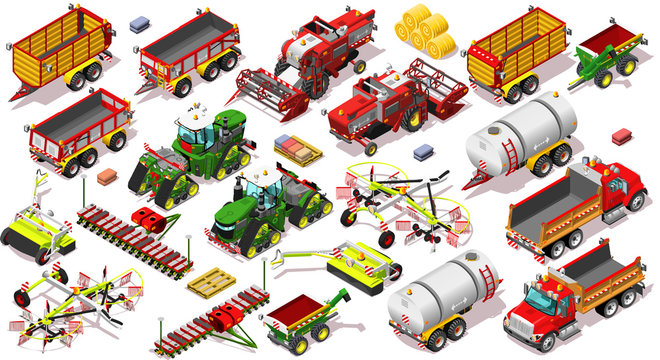 Isometric Farm isolated Vehicle 3D Icon Set Collection Farmland Vector Illustration