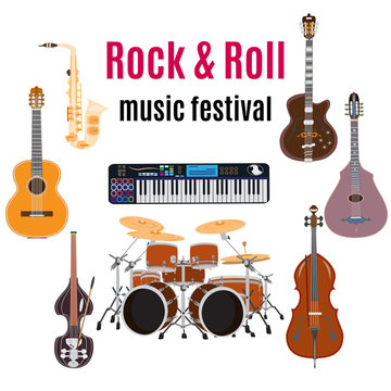 Vector set of rock and roll music instruments, flat design