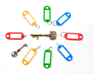 an antique key with label