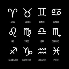 Set of zodiac symbols, white icons with shadow on the black background
