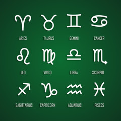 Set of zodiac symbols, white icons with shadow on the green background