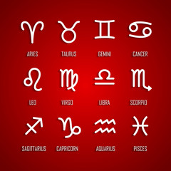 Set of zodiac symbols, white icons with shadow on the red background